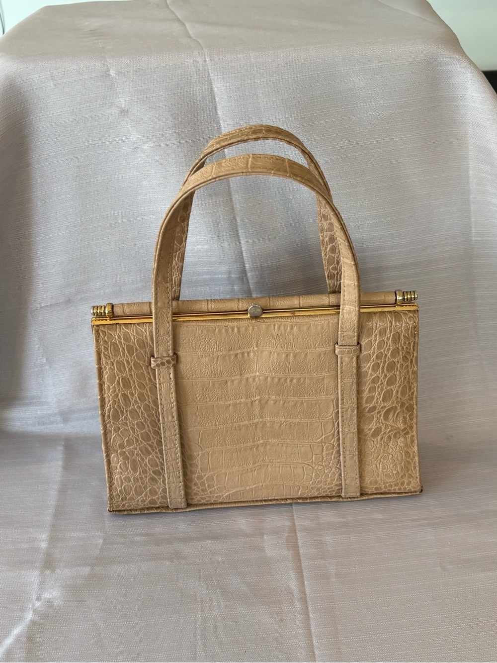 Beige Croc-Embossed Leather Tote Bag with Gold Frame